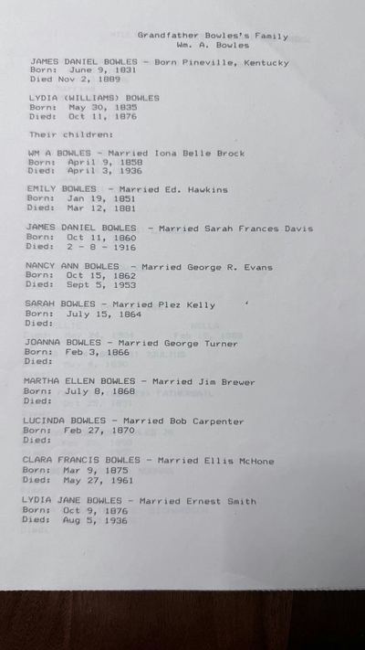 "Grandfather Bowles's Family" — James Daniel Bowles & Lydia Williams (G5)