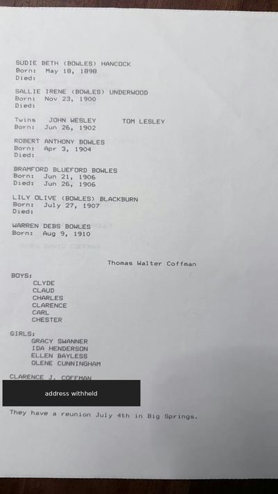 William A. Bowles & Iona Belle Brock — family record typescript, page 2 (G4)