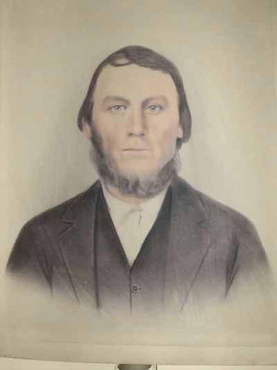 Restored and colorized (AI-assisted); faces are the original photo, colours are a best guess. Charcoal portrait drawing of James Daniel 'Doc' Bowles.
