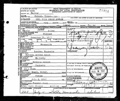 Texas Department of Health, Bureau of Vital Statistics, **Standard Certificate of Death no. 31724**, Taylor County, Potosi precinct one; file no. 225, filed 11 July 1947 by local registrar Lila Fern Martin, Abilene; received by the Bureau 8 August 1947 (Ancestry coll. 2272, record 82067279, image 40394_b062310-02504) · full resolution 2048 x 1713 px — page certificate