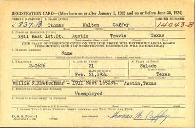 Thomas Walton Caffey — WWII draft registration card, Austin