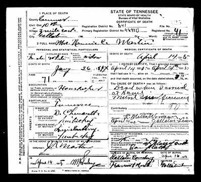 Mrs Nannie C. Martin (Nancy "Nannie" Chenault) — Tennessee death certificate, 1915
