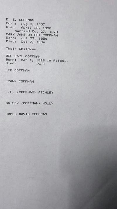 D. E. Coffman & Mary Jane Wright — family record typescript (G4)