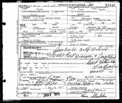 Texas death certificate no. 95942 — Taylor County, filed 8 Jan 1973 (Ancestry coll. 2272) · full resolution 2842 × 2393 px — page no. 95942