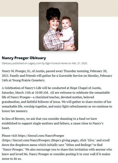 Nancy Proeger obituary — Legacy.com, Elgin Funeral Home, 21 February 2025