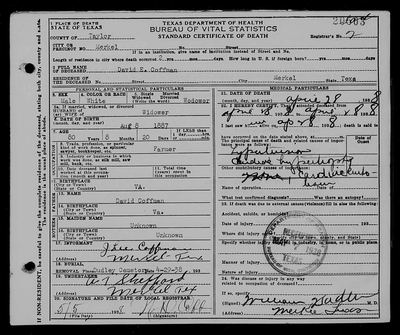 Texas Death Certificate — David E. Coffman, 28 Apr 1938