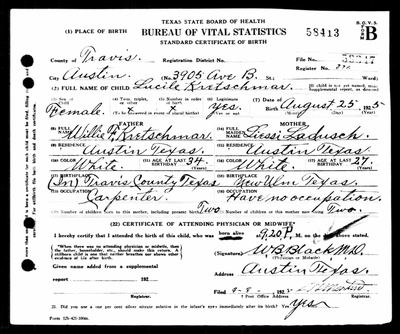 Lucile Kretschmar — Texas birth certificate, Austin, 1925