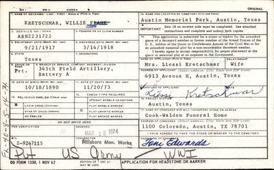 U.S. Application for Headstone or Marker — Pvt. Willie Frank Kretschmar, Battery A, 345th Field Artillery, ASN 2231722; ordered 15 March 1974 for Austin Memorial Park, applicant Mrs. Liessi Kretschmar (wife) (Ancestry coll. 2375, record 3681966; image 2375_03_01017-01102) · full resolution 2407 × 1501 px, DeepZoom level 12, 15/15 tiles — page DD 1330