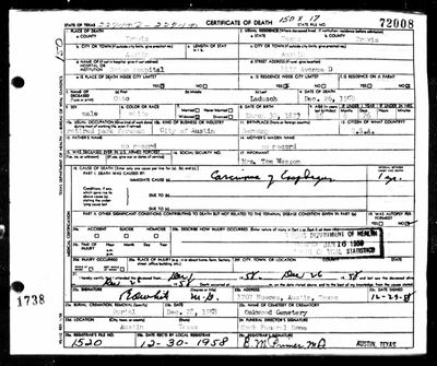 Otto Ladusch — Texas death certificate, 1958