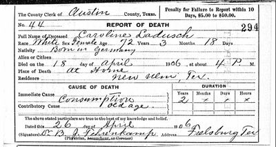 Caroline Ladusch — Austin County report of death, 1906