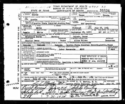 Texas death certificate no. 36634 — "Media" Stobaugh (Medie Owens Caffey Stobaugh), 1887–1954