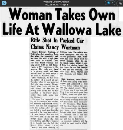 Report of Nancy Wortman's death, “Woman Takes Own Life At Wallowa Lake”, Wallowa County Chieftain (Enterprise, Oregon), front page — shared on Ancestry by cduarte192 · **S343** — page 1