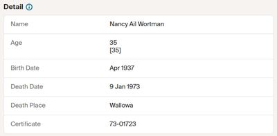 Nancy Aileen Proeger (Nancy Wortman) — Oregon Death Index and SSDI, 1973