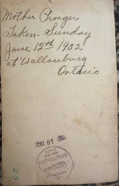 Reverse of the "Mother Proeger" snapshot — "Mother Proeger / Taken - Sunday / June 12th 1932 / at Wallaceburg / Ontario" (front: Anna Blanche (Roberts) Proeger on a sidewalk)