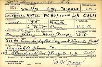 William Harry Proeger — WWII draft registration card, North Hollywood, 1940