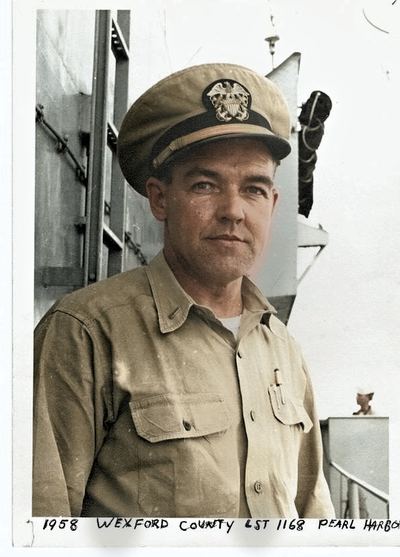 Restored and colorized (AI-assisted); faces are the original photo, colours are a best guess. Earl Theodore Roberts aboard USS Wexford County (LST-1168), Pearl Harbor, 1958.