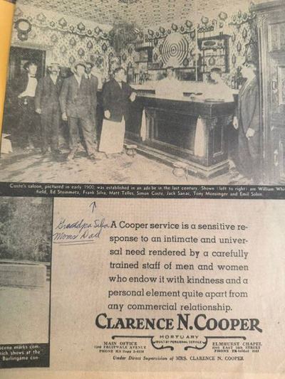 Coste's saloon, Mission San José — Frank Da Silva Jr (third from left), its speakeasy owner per family; c. 1920–1924 — newspaper clipping annotated 'Grandpa Silva / Mom's Dad'