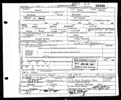Nancy Martin Timberman — Texas death certificate 31838, 1967