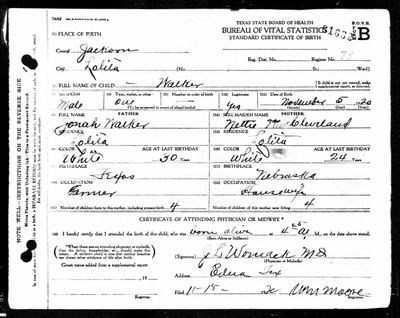 Male Walker child (Clarence Melvin Walker) — Texas birth certificate, Lolita, Jackson Co., 1920