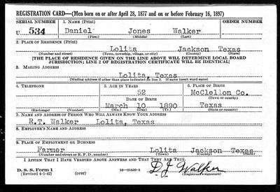 Daniel Jonah Walker ("Daniel Jones Walker") — WWII draft registration card, 1942
